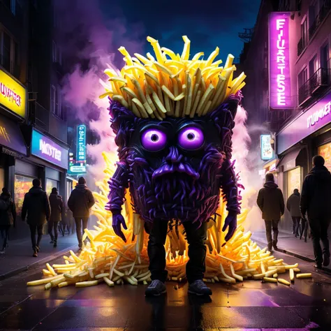 crazy fluorescing monster sized  french fries monster walking down city streets gigantic, in neon colors, future art , subsurface scattering, ultra hd, 4k, high def, Photorealistic, Hyperrealistic, Hyper detailed, analog style, realistic, masterpiece, best quality, ultra realistic, 8k, Intricate, High Detail, film photography, soft lighting, heavy shadow,  <lora:WildcardX-XL-Detail-Enhancer:1.5> <lora:xl_more_art_full_v1:0.8> <lora:LORA_XenoDetailer_v3:0.8> <lora:Engulfed_By_any_color:0.8> Engulfed BY black, Engulfed BY purple, Engulfed BY yellow, Engulfed BY color