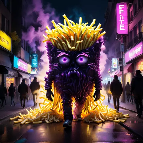 crazy fluorescing monster sized  french fries monster walking down city streets gigantic, in neon colors, future art , subsurface scattering, ultra hd, 4k, high def, Photorealistic, Hyperrealistic, Hyper detailed, analog style, realistic, masterpiece, best quality, ultra realistic, 8k, Intricate, High Detail, film photography, soft lighting, heavy shadow,  <lora:WildcardX-XL-Detail-Enhancer:1.5> <lora:xl_more_art_full_v1:0.8> <lora:LORA_XenoDetailer_v3:0.8> <lora:Engulfed_By_any_color:0.8> Engulfed BY black, Engulfed BY purple, Engulfed BY yellow, Engulfed BY color