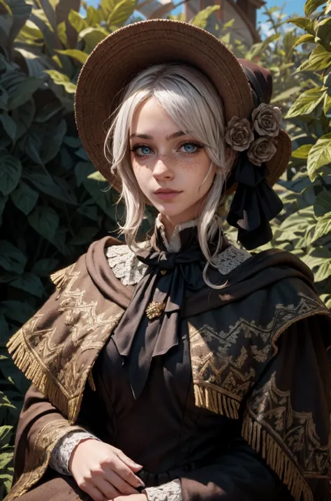 a close up of a woman in a hat and dress sitting on a bench