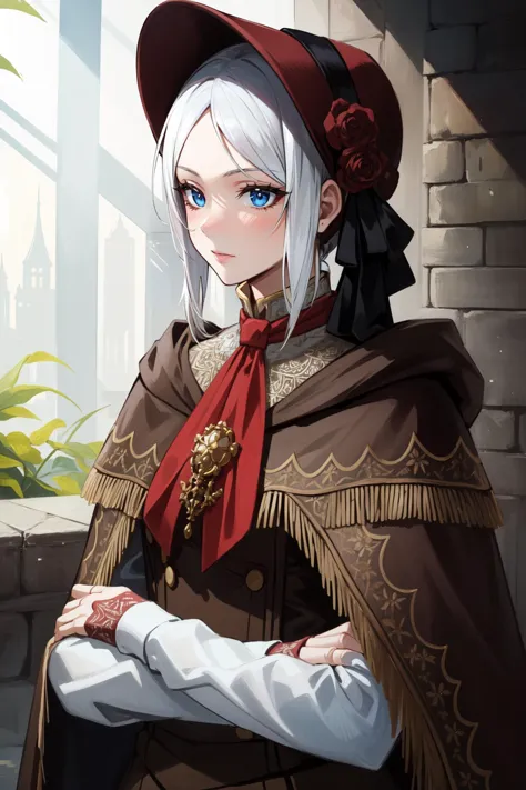 (masterpiece, best quality),  intricate details,
1girl,    <lora:plaindoll-nvwls-v1:0.8> plaindoll, white hair, doll joints, bonnet, brown cloak, long dress, red ascot