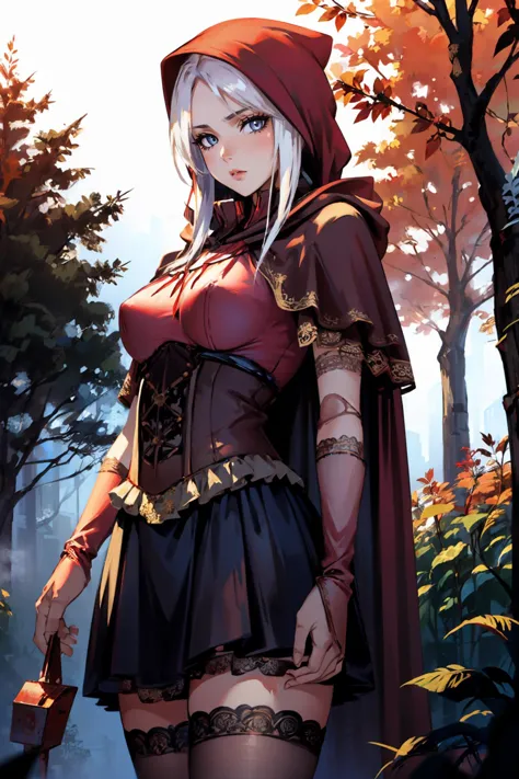 masterpiece, best quality,  <lora:edgRedRidingHood_MINI:1.2> RHG, a woman in a red cape and black stockings, wearing RHG  <lora:...
