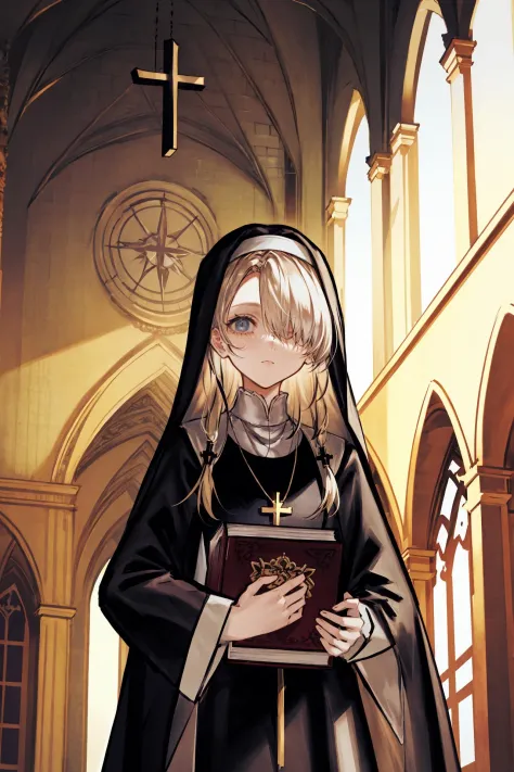 1girl, holding, holding book, solo, church, statue, book, nun, blonde hair, indoors, cross, hair over one eye, jewelry, blue eye...