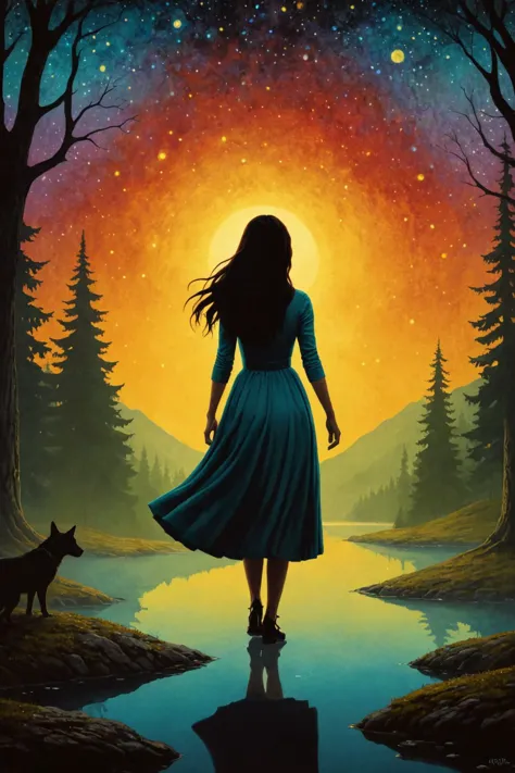 a woman in a blue dress walking through a forest with a dog