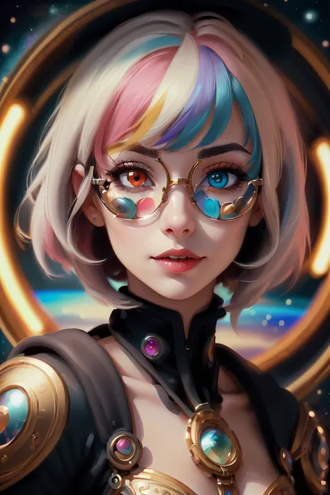 a woman with glasses and a colorful hair and a gold ring