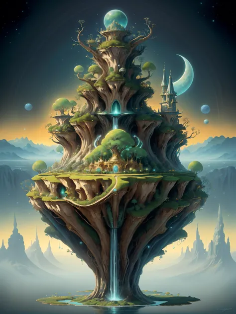 a digital painting of a tree with a waterfall and a castle on top