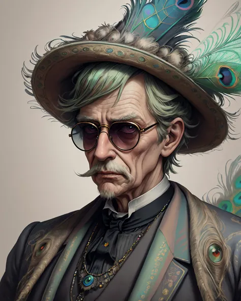 hyper detailed painting of a cool chilled confident elderly Victorian 1gentleman with an extravagant large straight symmetrical 1moustache, wearing round 1sunglasses, peacock feather in hat, muted pastel colour scheme, studio lighting, plain background,