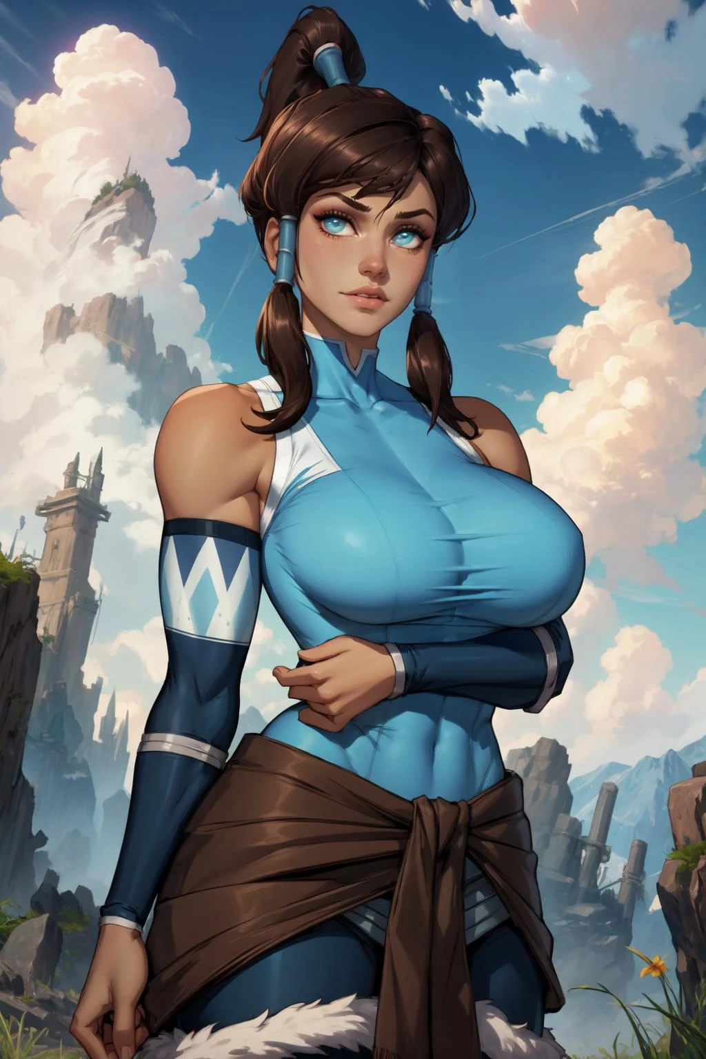 1girl, (solo:1.2), (masterpiece:1.2), (best quality:1.2), (perfect anatomy:1.4), (perfect female anatomy:1.2), (confident:1.2)
(large breasts:1.4), skindentation, neoartcore, pinup, (soft shading:1.2), korra, long hair, (brown hair:1.2), black hair, blue eyes, ponytail, dark skin, dark-skinned female, topknot, (hair tubes:1.4), fur-trimmed jacket around waist, (blue halterneck top:1.3), armlet, vambraces, (bare shoulders:1.3), (arm_warmers:1.3), sleeveless, (beautiful white clouds:1.3), puffy clouds, white sky