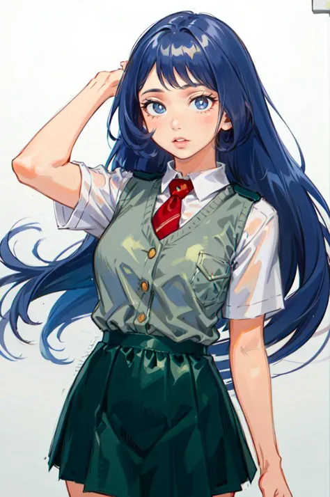 anime girl with blue hair and green skirt and red tie