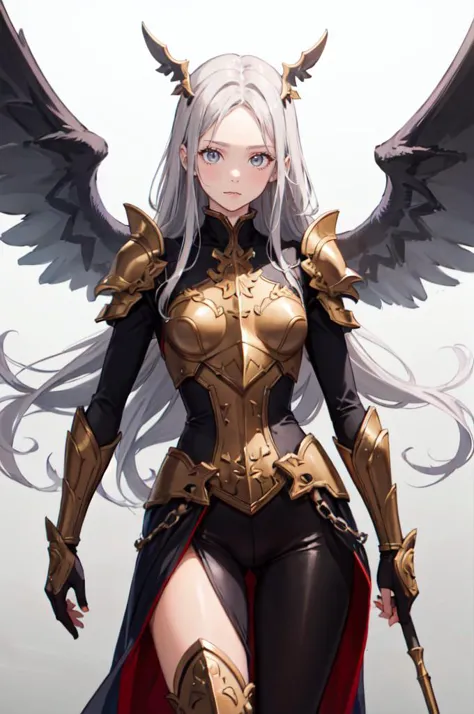 a woman with white hair and wings holding a sword