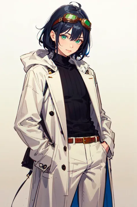 cowboy shot, <lora:eisu:1> traditional media,, ultra detailed, masterpiece, best quality, aesthetic, detailed,, ultra detailed, masterpiece, best quality, solo, smile, 1boy, green eyes, short hair, black hair, bangs, hair between eyes, messy hair, (goggles on head:1.2),, headband, white coat, hooded coat, hood down, open coat, turtleneck, capri pants, pants, black knee boots,