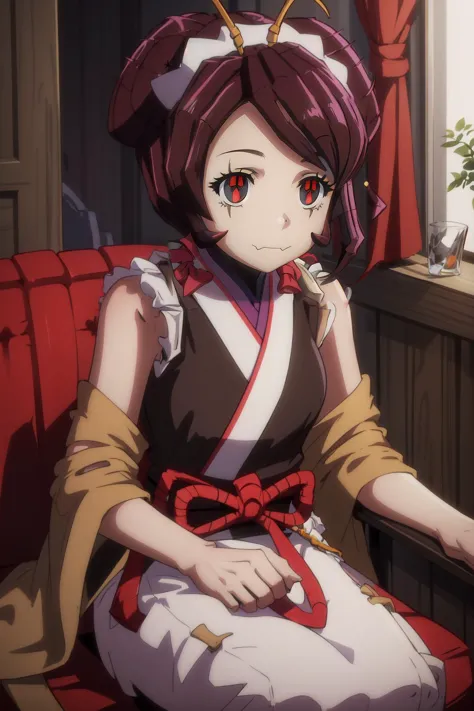 anime girl sitting on a red chair with a red chair in front of her