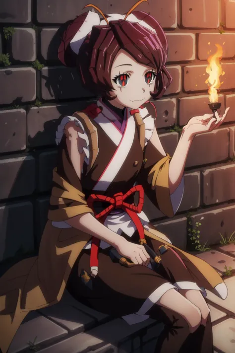 anime girl sitting on a brick wall holding a small fire