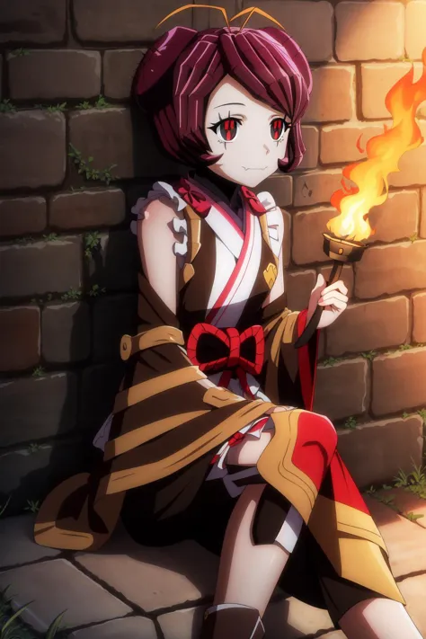 anime girl sitting on a brick wall holding a lit candle