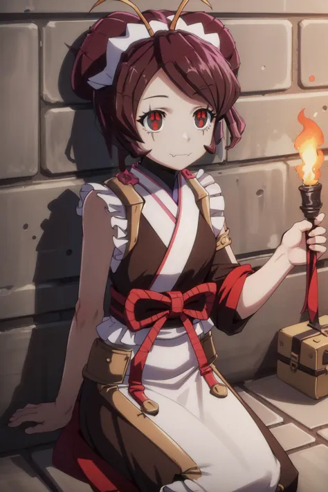 anime girl with a torch in her hand sitting on a brick wall