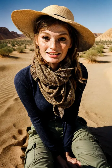 arafed woman sitting on a sand dune in the desert