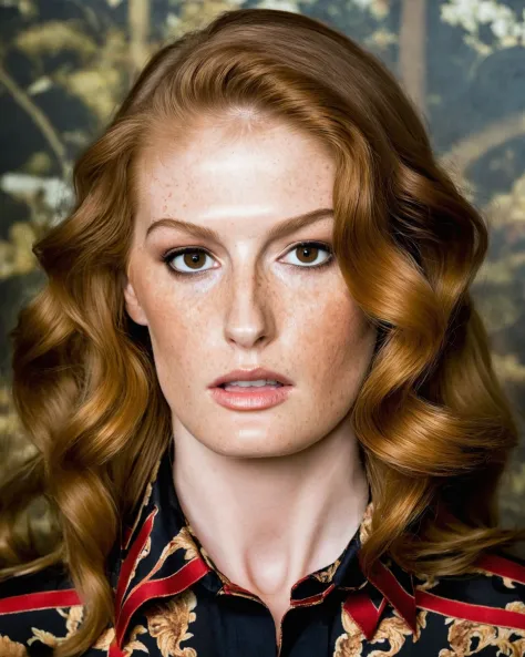 professional ((cinematic)) ((close-up headshot)) photography of a beautifully dressed (woman FayeReagan)) in  Gucci Brown  blouse designer printed fabric, natural red hair, (by Annie Leibovitz, by Mario Testino, by Steven Meisel:1.1), beautiful lighting, contrapposto,  sharp focus, Nikon D850      High image quality, 4K resolution, and still photo capabilities Nikon 105mm     ISO 800, 1/50s, f/2.8, 14-bit RAW