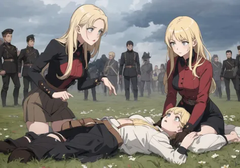 two women in uniform are standing over a man laying on the ground