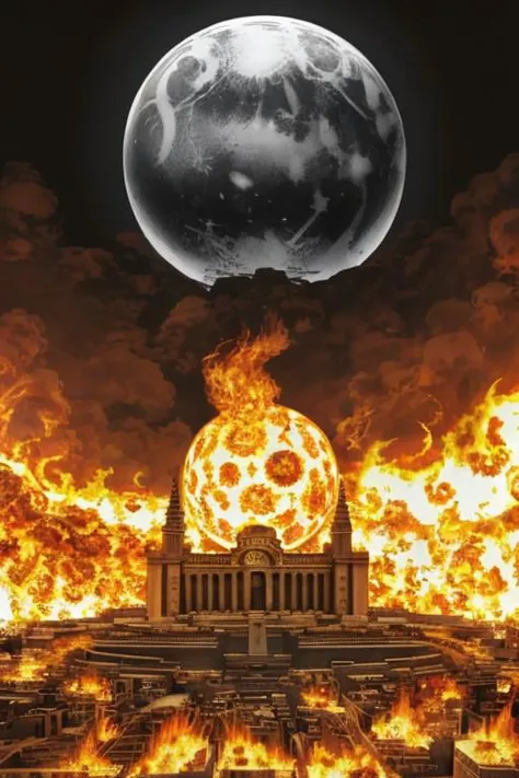 a large fireball is in the middle of a city with a full moon in the background