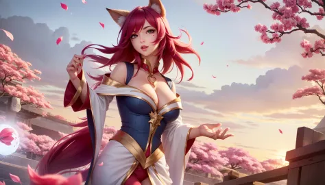 fox_ears, petals, animal_ears, fox_tail, 1girl, tail, ahri, vastaya, breasts, facial_mark, multiple_tails, cleavage, solo, rose_petals, whisker_markings, pink_hair, long_hair, energy_ball, bare_shoulders, large_breasts, cherry_blossoms,LOL