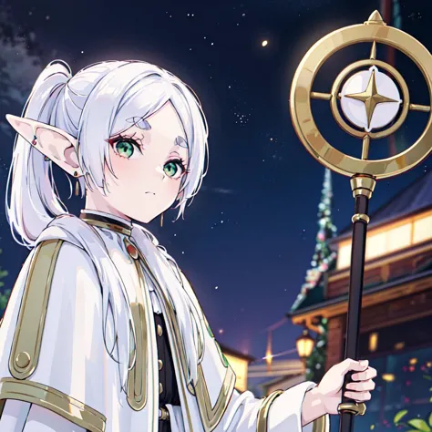 anime girl with white hair holding a pole with a star on it