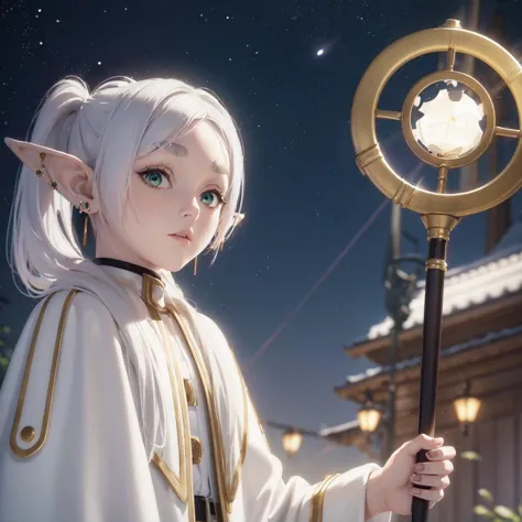 anime girl with white hair holding a golden staff in front of a building