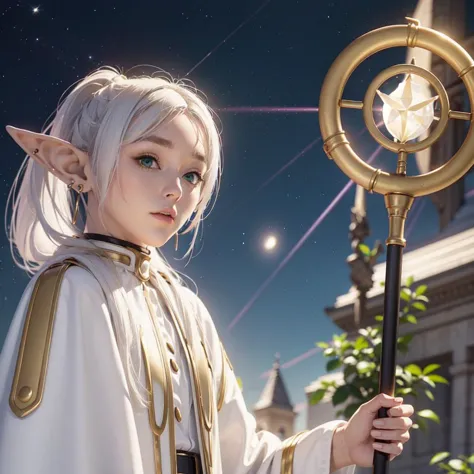 anime girl with white hair and white dress holding a golden star