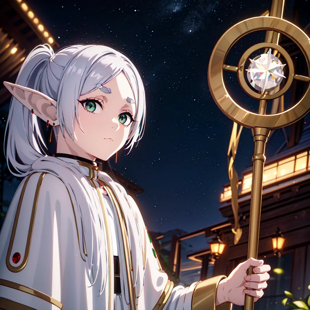 masterpiece,best quality,1girl,solo,elf,green eyes,jewelry earrings,parted bangs,white hair,
short_thick_eyebrows,
cowboy shot,upper body,looking at viewer,closed mouth,white capelet,white long sleeves,white robe,white skirt,black pantyhose,holding staff in hands,night,night sky,