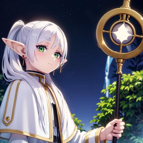 masterpiece,best quality,1girl,solo,elf,green eyes,jewelry earrings,parted bangs,white hair,
short_thick_eyebrows,
cowboy shot,upper body,looking at viewer,closed mouth,white capelet,white long sleeves,white robe,white skirt,black pantyhose,holding staff in hands,night,night sky,