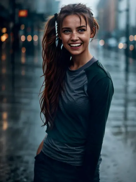 a young woman, street, laughing, ponytails, (hdr:1.3), (muted colors:1.2), dramatic, complex background, cinematic, filmic, (art...