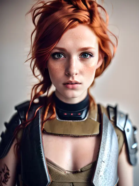 a photo of a seductive woman with loose styled, cyber punk, (redhead hair:1.2), bored, (she is wearing body armor:1.2), mascara, (tattoos:1.2), fullbody shot, (textured skin, skin pores:1.1), (moles:0.8), imperfect skin, goosebumps, flawless face, (light freckles:0.9), (sun-kissed:1.1), ((photorealistic):1.1), (raw, 8k:1.3),