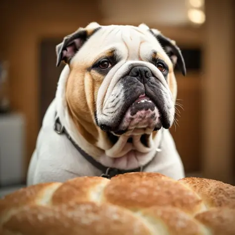 A fantasy cinematic drawing of an english bulldog in a kitchen, making bread while looking at the camera