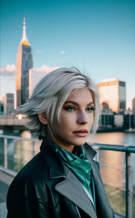 a close up of a person with a jacket and a green scarf