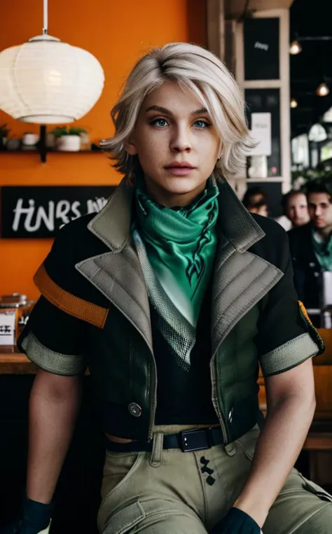 a woman sitting on a stool in a bar with a green scarf