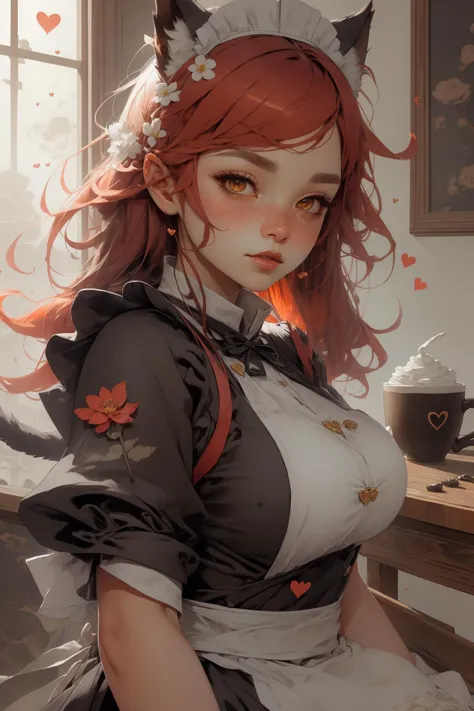 detailed, masterpiece, intricate details, extreme details, detailed, detailed background, blush, shiny, shiny clothes, shiny hair, freckles, white eyes, maid, gold eyes, cafe, flower on hair, red hair, heart,
<lora:CatgirlMaidV1.0-000003:1.05> CatgirlMaid,
 <lora:Unleashed_V1.5_prunned:1.55>