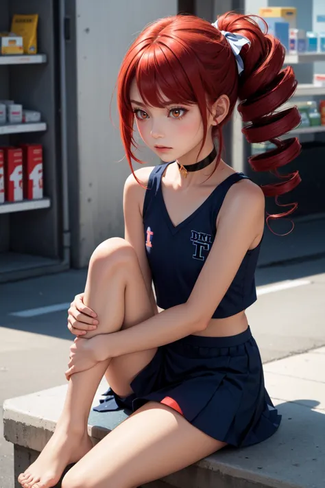 a close up of a person sitting on a ledge with a red hair