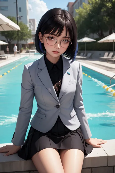 arafed woman in a suit and glasses sitting on a ledge next to a pool