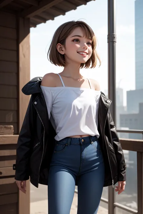 a woman in a white top and blue jeans standing on a balcony