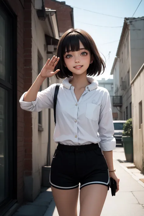 a woman in a short skirt and white shirt walking down a street