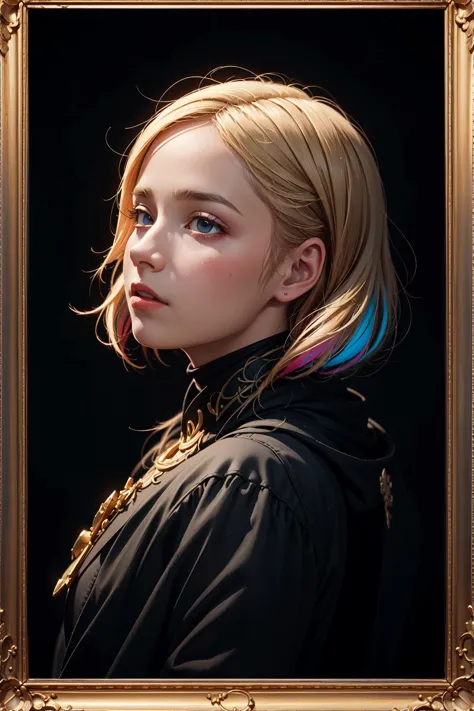 a painting of a woman with a colorful hair and a black jacket