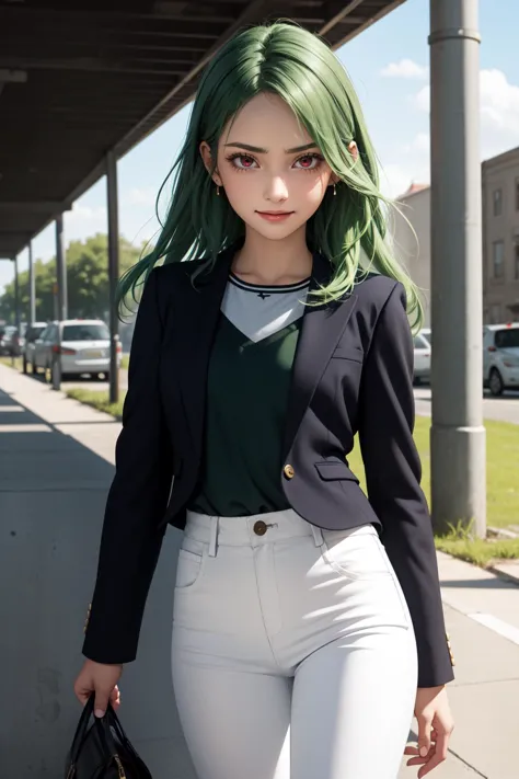 araffe with green hair and a black jacket and white pants