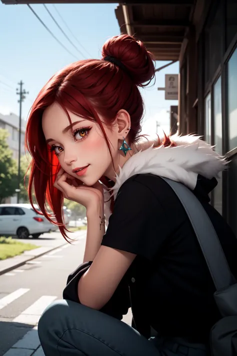 a close up of a person with red hair and a backpack