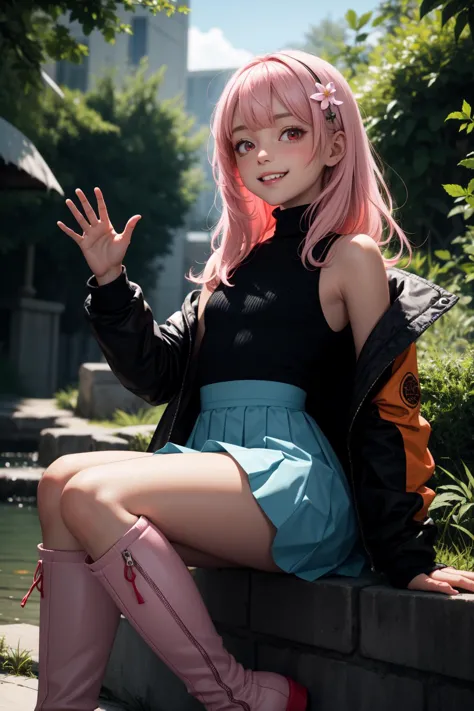 araffe girl with pink hair sitting on a ledge in a park