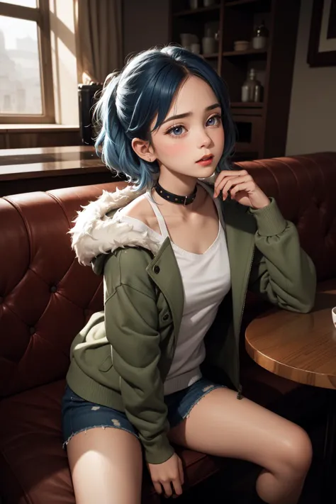 a woman with blue hair sitting on a couch in a cafe