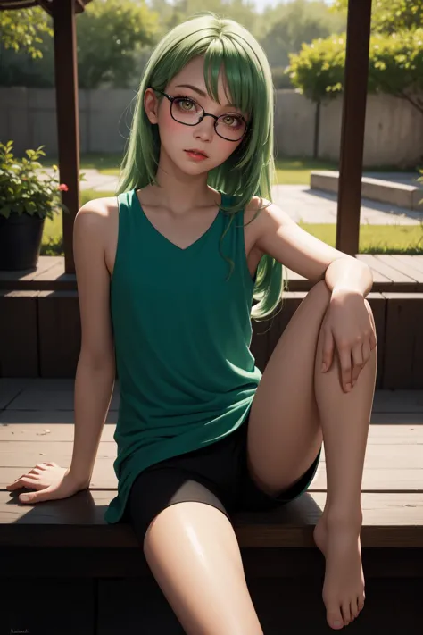 arafed woman with green hair and glasses sitting on a porch