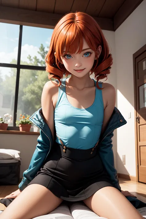 (masterpiece, best quality, SFW:1.2), evocative, angelic, aesthetic, hard shadows
BREAK
1girl, envious, grin, looking down,(cute, petite:1.2), flat_chest, wide hips, (dark orange_colored hair, twin drills:1.2), (medium aquamarine eyes:1.2)
BREAK
(gold trim  tank top, vivid blue coat, orange_red_colored suspender skirt, )
BREAK
pov,breast focus, fetal position,stretching
BREAK
indoors, conservatory