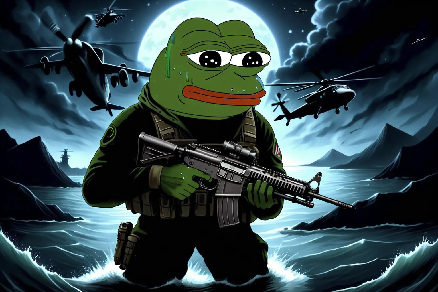 A tactical Navy Seal (Pepe the Frog:1.2) emerging from water in the middle of the night,equipped with night vision goggles and armed,with a dark,stealthy background,capturing the essence of a covert military operation. The scene is wide,showcasing the vastness of the night sea and sky,enhancing the atmosphere of secrecy and danger.,pepe_frog,pepe