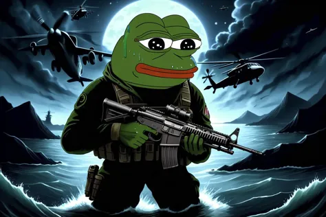 A tactical Navy Seal (Pepe the Frog:1.2) emerging from water in the middle of the night,equipped with night vision goggles and a...