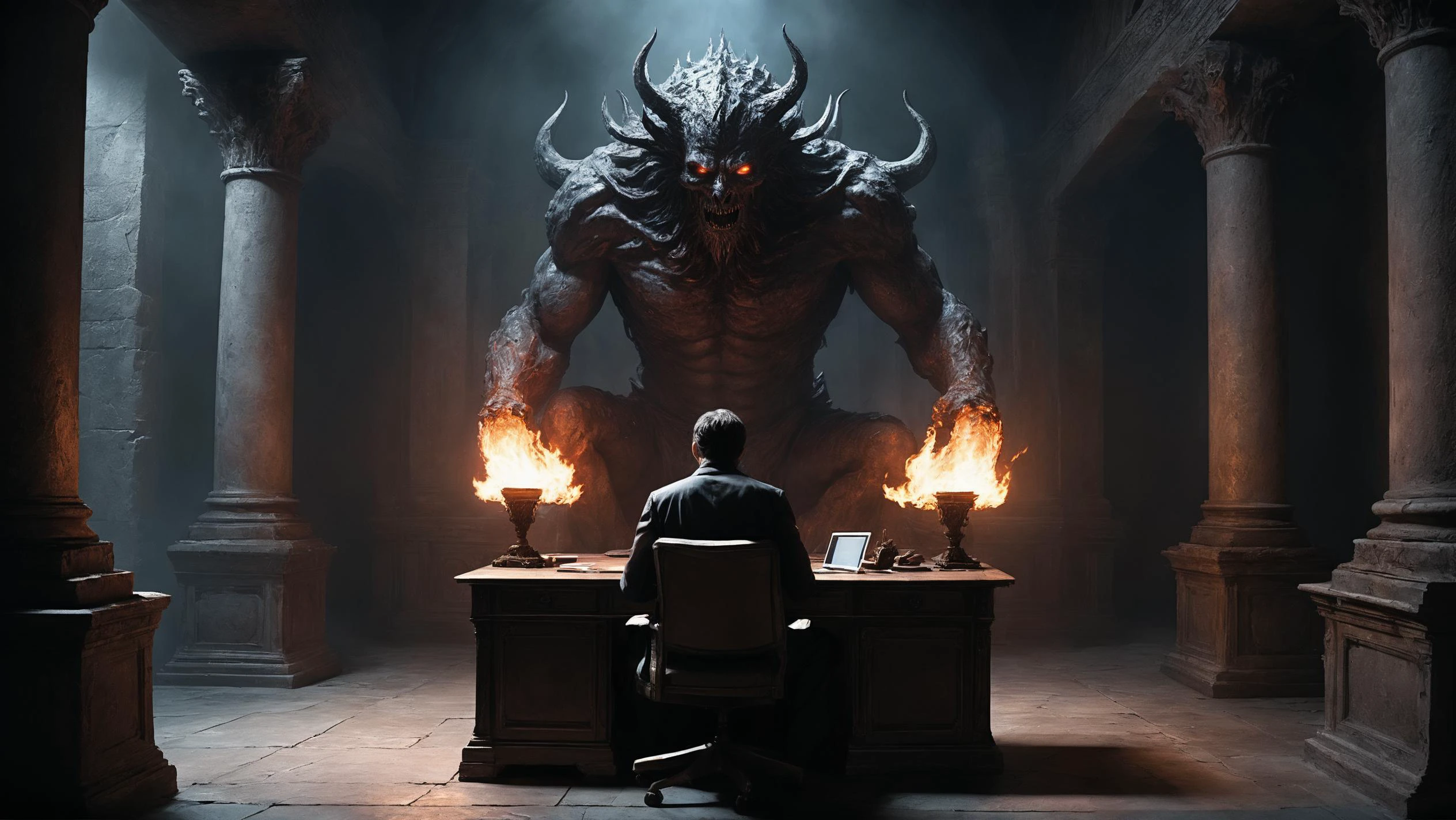 (a man sitting at a desk using an ultra wide screen monitor.:2.1) lit torches, dimly lit.  expansive, dimly lit room with high ceilings and ancient, ornate architecture. colossal, fiery gateway that has just opened behind him. The gateway to hell is characterized by intense, swirling flames and a menacing, dark abyss that seems to pulsate with malevolent energy. The room is cast in eerie shadows, with the only light emanating from the hellish portal, reflecting off the man's determined face and the intricate stone walls around him. The atmosphere is charged with a foreboding sense of impending doom, yet the man remains resolute and unfazed by the infernal scene he has conjured.