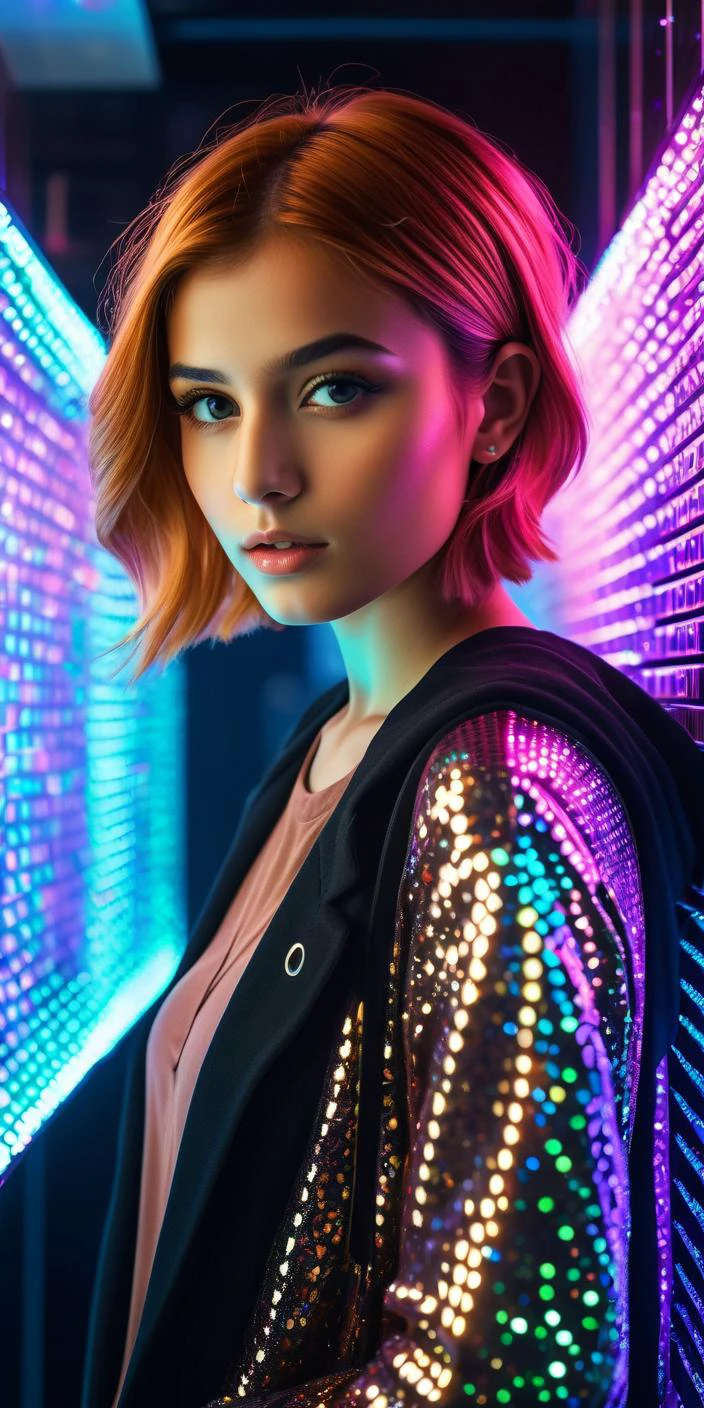 analog photo, dark shot, low key, action, (a intelligent afghan girl, 20 years old:1.1), strawberry blonde pixie bob hair, huge , fit, reflections on the wall background, abstraction atmosphere, (prismatic, holographic:1.2), sparkles, neon pixels, (neon light:1.1), chaotic, fashion magazine, (intricate details:0.9), (hdr, hyperdetailed:1.2)
