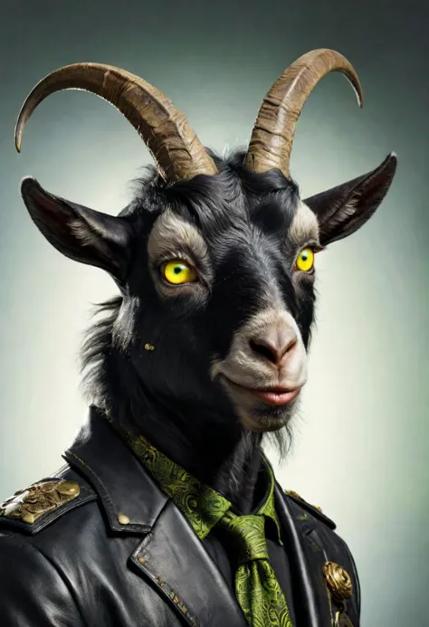 postapocalypse, Insanely detailed studio portrait shot photo of intricately detailed human goat hybrid dressed in black leather, smirking mischievously at the camera with mischievous detailed yellow green eyes , very detailed, photo, rim light, ultra-realistic, photorealistic, hyper detailed, photography by Felix Kunze and Annie Leibovitz and retouched by Pratik Naik
